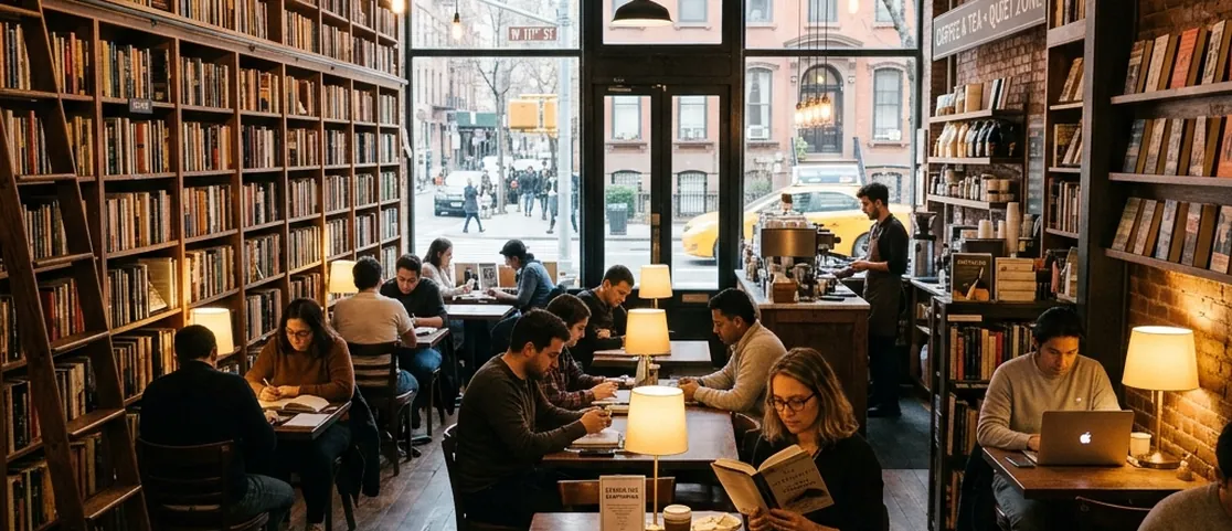 Quiet library aesthetic inside Book Club Bar in the East Village