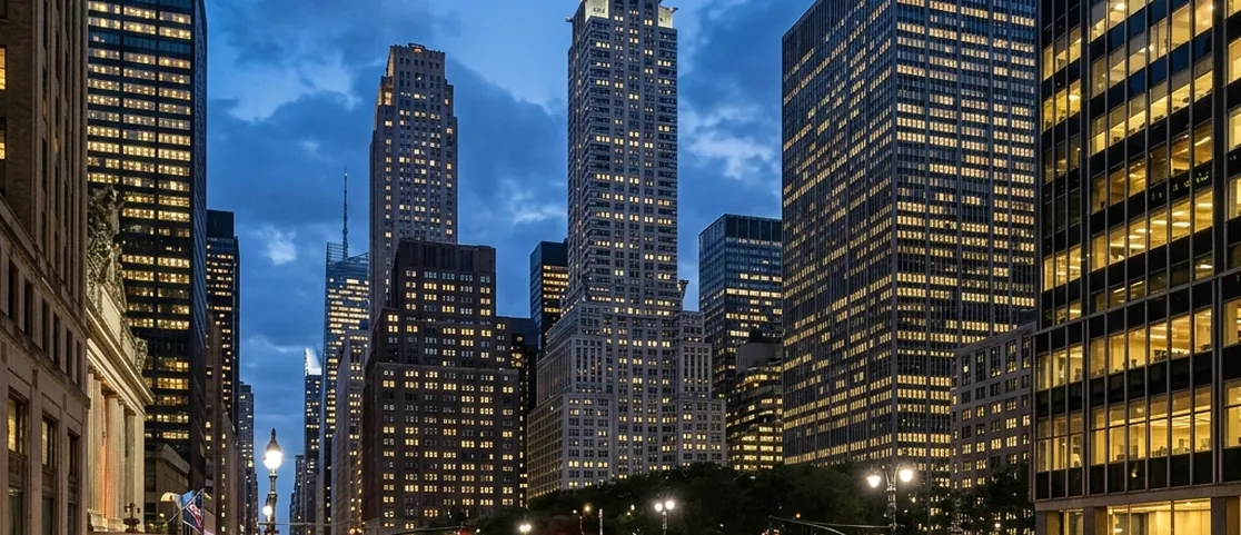 The Chrysler Building and Midtown East Manhattan skyline at twilight with glowing office tower windows and yellow cabs on Lexington Avenue