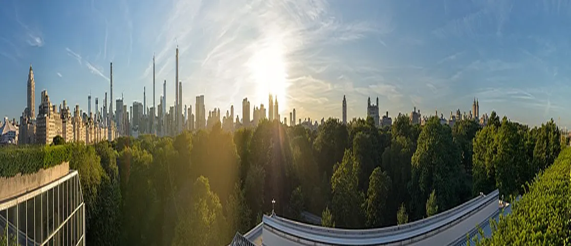 The Iris and B. Gerald Cantor Roof Garden at The Met overlooking Central Park tree canopy and Manhattan skyline