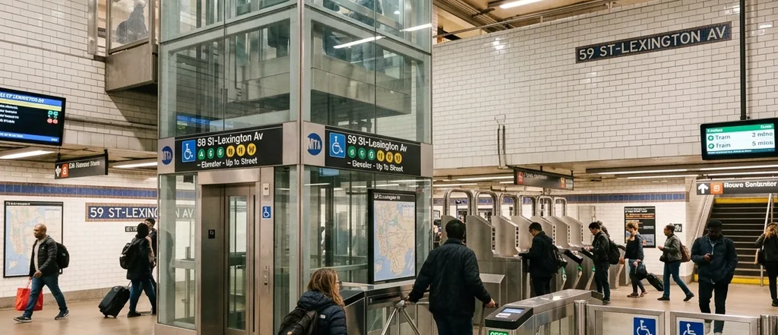 Accessible Manhattan subway station entrance with a working glass elevator tower and wide ADA turnstile gate